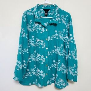 Ali Miles Floral Embroidered Button Down Teal Tunic Top 1X Cottagecore Lagenlook